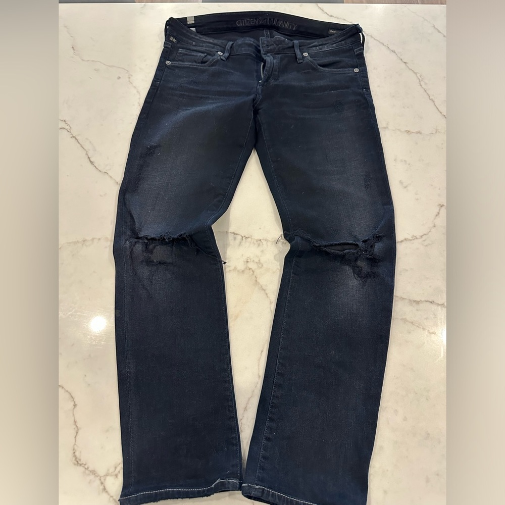 COH Racer Skinny Jean in super dark blue wash with holes in the knees!
